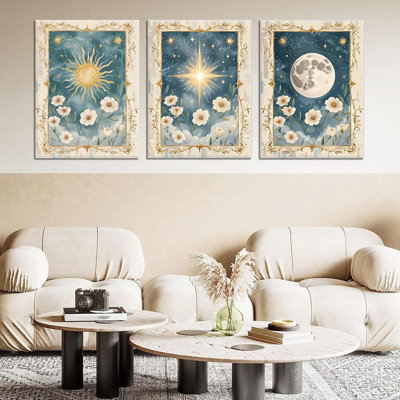 3 pièces soleil et lune céleste art mural Tarot rétro astrologie murale peinture peinture soleil et pleine lune toile Boho impressions célestes affiches pour lit chambre à la maison 12 x 16 pouces encadrée