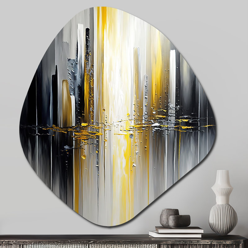 Abstrait géométrique noir et jaune II - reproduction d'art géométrique abstraite asymétrique en métal, sculpture murale