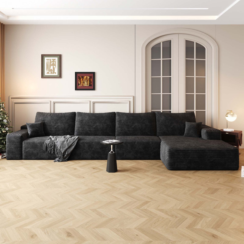 135" Cloud Sectional Couch with L-Shape Chaise, Black Corduroy