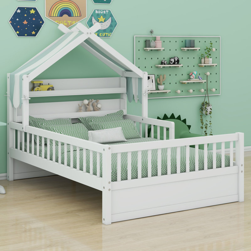 Lit en bois en forme de maison avec tablette de rangement pour tête de lit, Lit double, Blanc