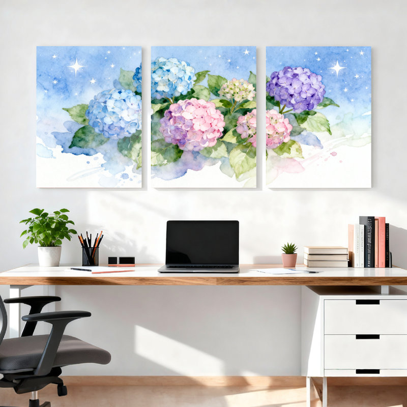 Aquarelle, fleurs d'hortensia, impression sur toile, ensemble floral (ensemble de 3), H 18 po x l 36 po