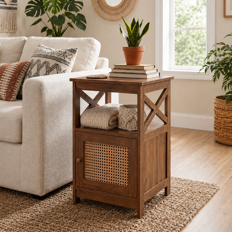 Table de bout avec armoire de rangement et tablette Darek Weave, Brown Autumn Haze/Beige Barley