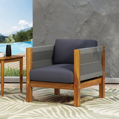 Meubles en bois pour le confort de la cour arrière, détails de tissage en corde, coussin de siège d'eau, 25,25 po Siège de repos haut de style club, accents, revêtement, largeur 28,46 po