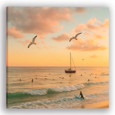 «Sunset Surf Gathering - Coastal Seascape», art mural sur toile