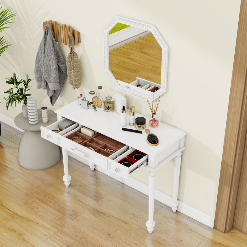 Coiffeuse vintage avec miroir octogonal, tiroirs et plateau à bijoux