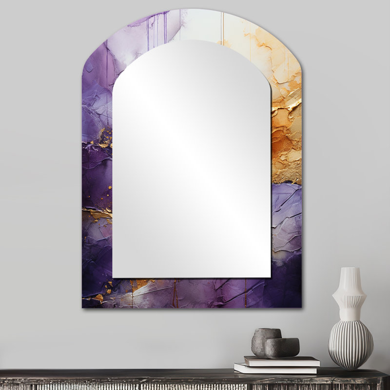 Gold Purple Abstract Fractal I - Abstract Arch Large Mirror, Modern Asymmetrical Unique Wall Mirror Decor, Printed Metal Art