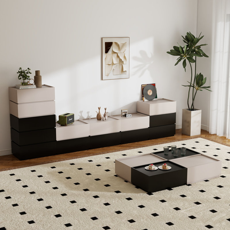 Meuble télé modulaire avec 14 tiroirs Heckman, Noir / Beige