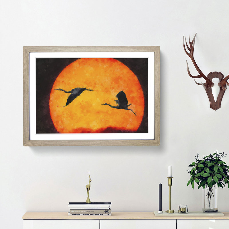 Two Heron Birds in Flight - Picture Frame Graphic Art Print, Oak Framed, 62cm H x 87cm W x 2cm D