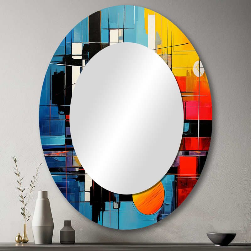 Réflexion abstraite bleue et orange Mid Century II - miroir ovale abstrait sur métal, 43 po x 33 po
