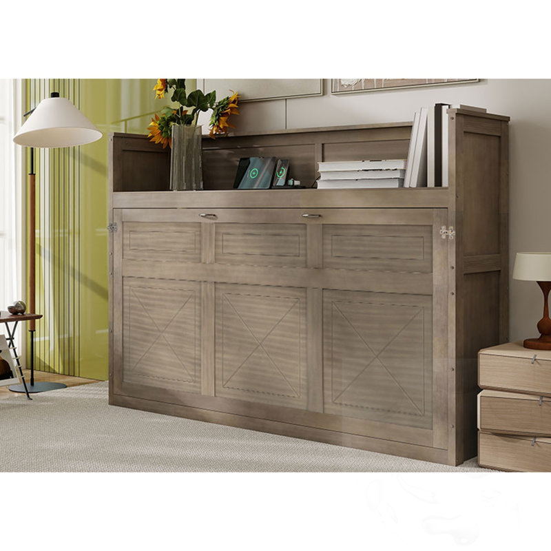 Lit escamotable simple TG avec bureau, lumière DEL et station de charge USB, Gris délavé