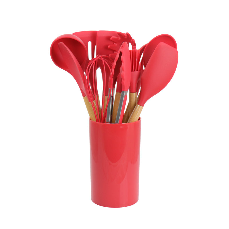 Red Silicone and Wood 12-Piece Cooking Utensil Set