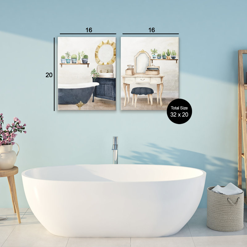 Ensemble de toiles intérieures bleues pour salle de bain 2 pièces, design par Kim Allen, H 20 po x l 16 po