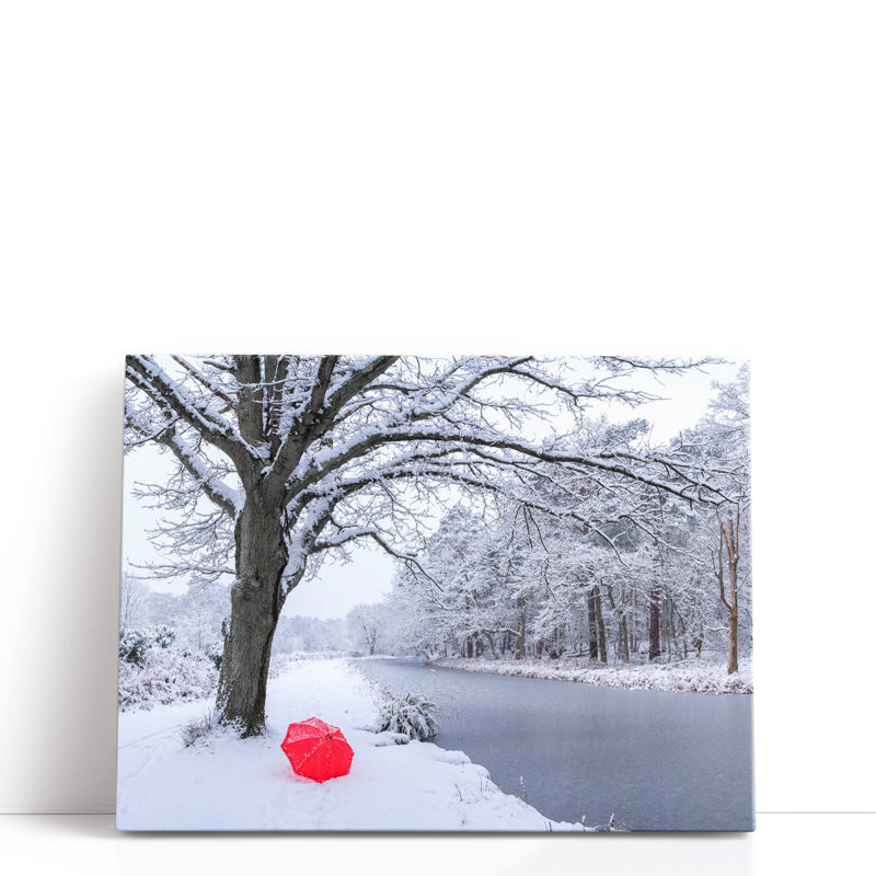 Umbrella by a Canal with Snow Covered Trees - Canvas Print Wall Art, 18" H x 24" W