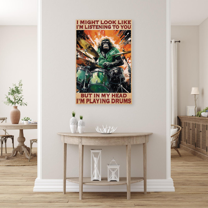 «Gorilla Im Play Drums 1», reproduction sur toile, H 20 po x l 16 po x P 1,25 po