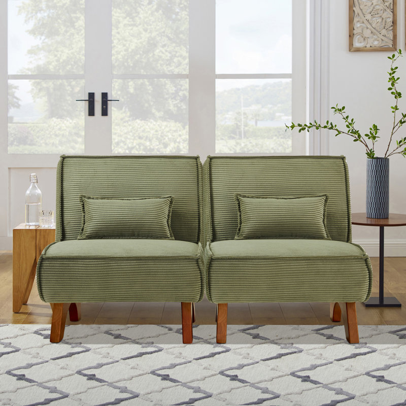 Kayala Armless Modular Upholstered Accent Lounge Chair with Pillow (Set of 2), Light Green Chenille