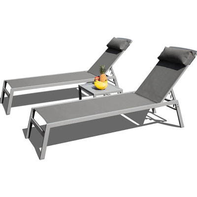 3 Aluminum Pool Lounge , Fabric Covering, 5 Adjustable Back Positions, , Grey, For Garden, Lawn Area Patio Chaise 3 Pieces, Frame, Fabric, Back, Poolside