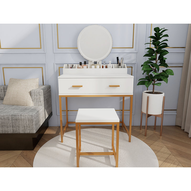 Vanity Set With Mirror And Stool - Makeup Vanity Table With Storage Drawers And Organizer, White And Gold, Space-Saving Design For Small Bedrooms
