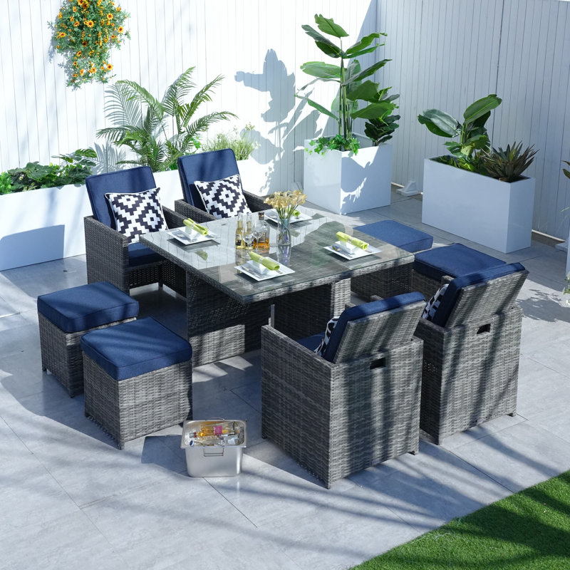 8 - Person Wicker Patio Dining Set with Square Table , Cushions Included, Gray, Navy