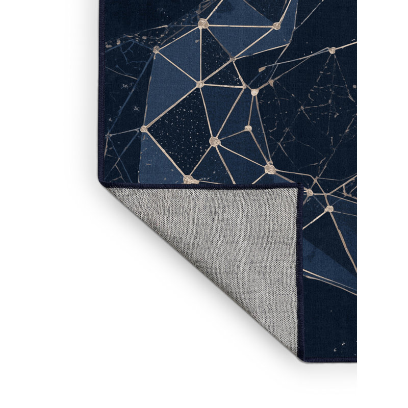 Machine Washable Pantelie Modern Abstract Rug in Blue – Navy Binding, 8 x 10