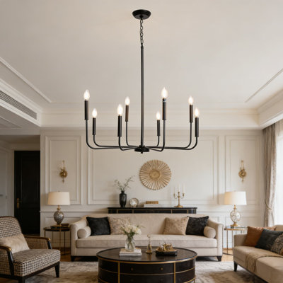 Lustre 8 lumières de style campagnard pour salle à manger, luminaire suspendu moderne à chandelle avec fonction à intensité variable et hauteur réglable, convenant pour un escalier de vestibule de salon et de hauts plafonds
