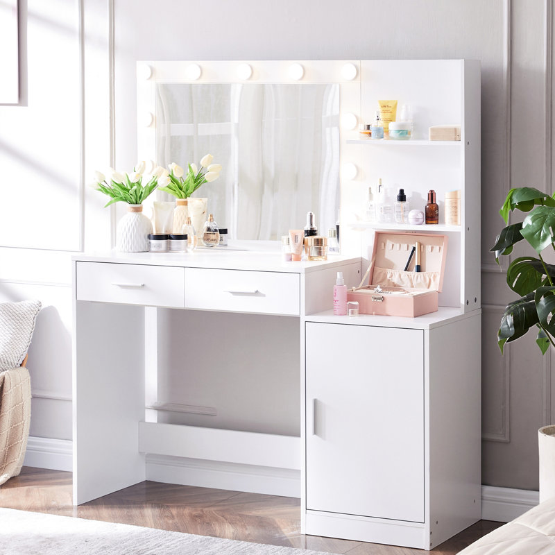 Vanity Desk With Mirror And Lights, 46.4in Dressing Table, 2 Large Drawers & Mesmerizing Vertical Organizer, 3 Level Dresser, Lighting Modes Adjustable Brightness For Bedroom