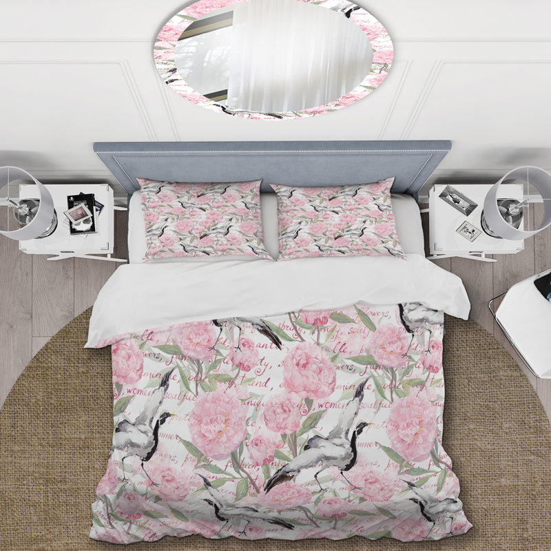Ensemble de housse de couette Crane Birds and Pink Flowers - Animals - Microfibre polyester