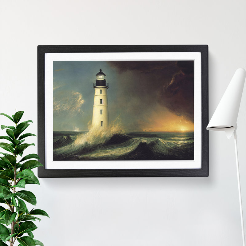 Dashing Lighthouse Seascape - Framed Print, Black, 46cm H x 64cm W x 2cm D