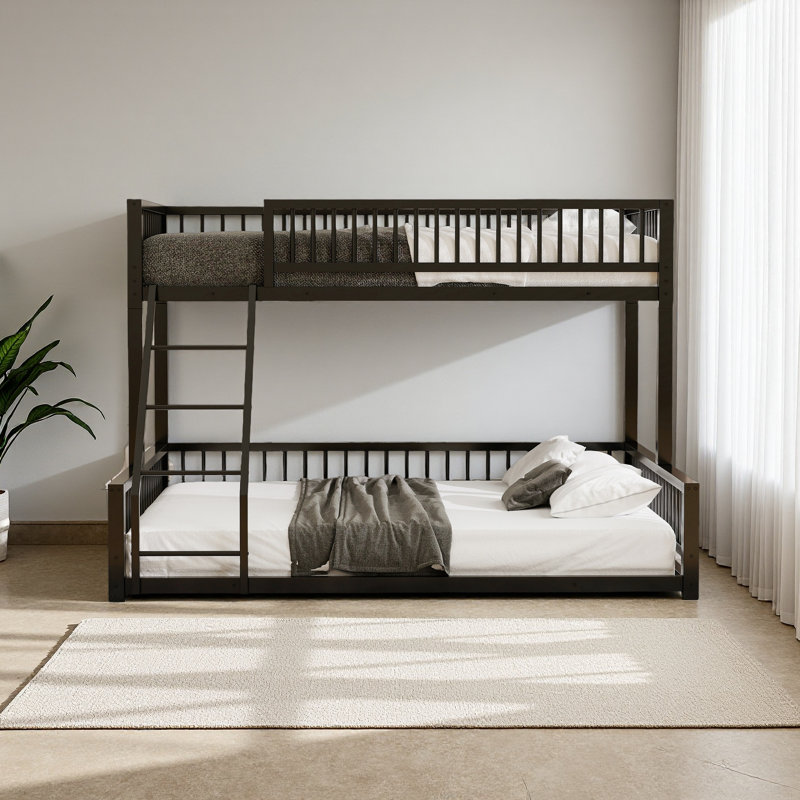 Floor Bunk Bed Frame With Ladder And Safety Guardrails, Easy Assemble, Twin XL Over Queen, Black