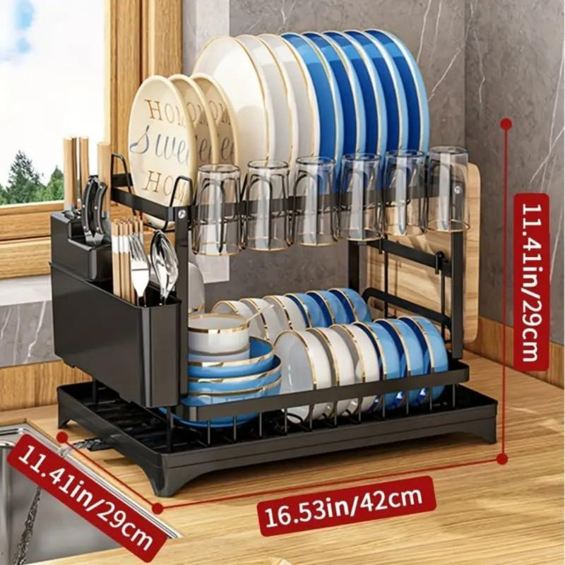 Séchoir pour comptoir de cuisine, égouttoir à vaisselle à 2 niveaux de grande capacité résistant à la rouille, égouttoir à vaisselle en métal pour comptoir de cuisine (couleur)