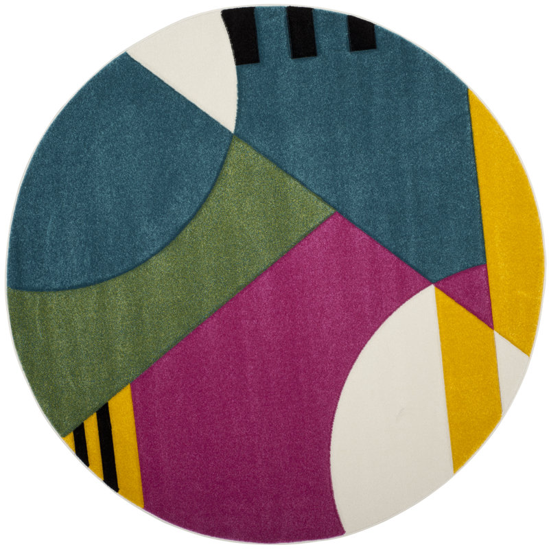 Tapis bleu paon / fuchsia à motif abstrait Menelaus, Rond 5 pi 3 po