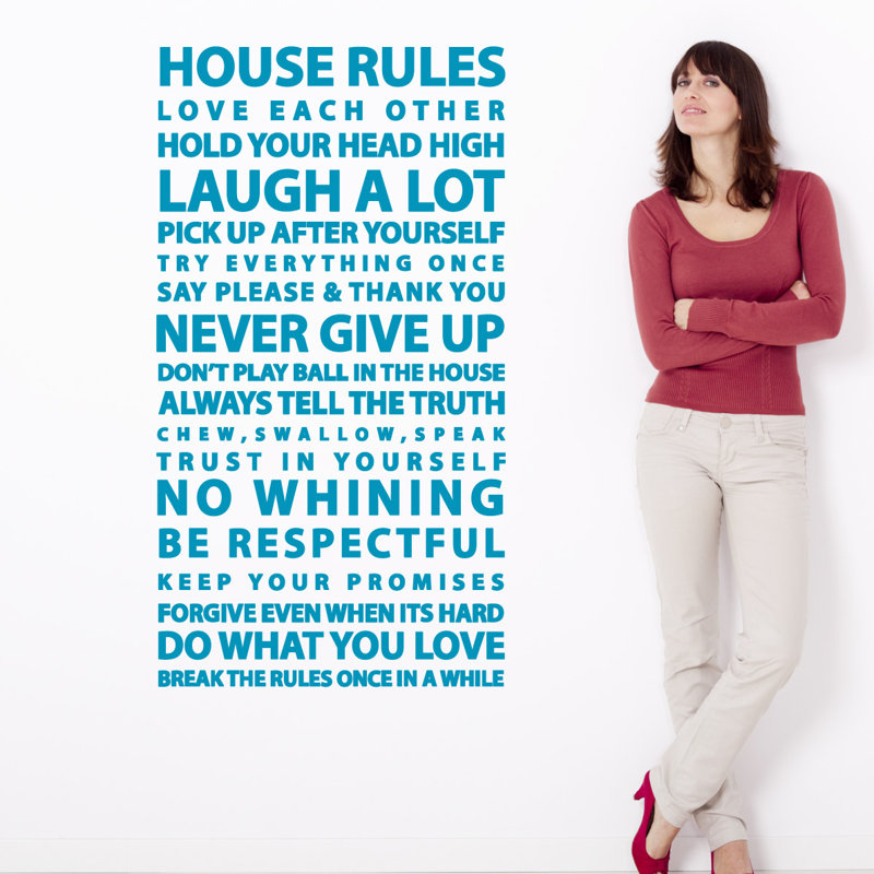 Décalcomanie murale citation "house rules", H 24 po x l 13 po x P 0,01 po, Bleu sarcelle