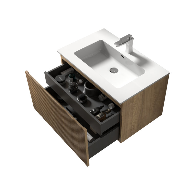 Meuble-lavabo mural simple de 76 cm (30 po) avec comptoir en résine blanche brillante, fini chêne jaune, design suspendu moderne pour petite salle de bain