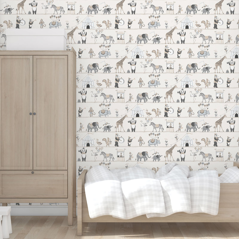 Just 4 Kids 2 Circus Animals Design 33' L x 21" W Wallpaper Roll, Gray/Beige/White
