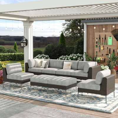 8-Piece Wicker Rattan Patio Furniture Set, Deep Seating Outdoor Modular Sectional Sofa Conversation Set with Thick Cushions for Lawn, Garden by Latitude Run