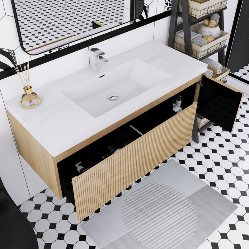 48" Wall-Mounted Bathroom Vanity With Stone Resin Countertop And Soft Close Drawers, White, Natural