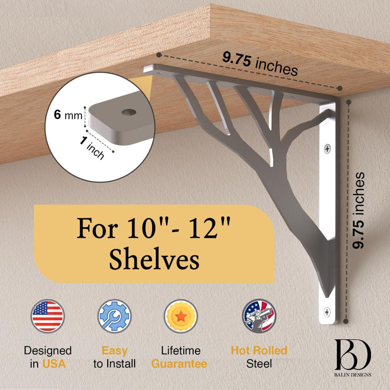 Supports rustiques pour tablette en L rustique par Balin Designs (chrome) pour tablettes de 8 po à 10 po - Supports de cheminée décoratifs en métal robustes - Installation facile avec la quincaillerie incluse - Ensemble de 4