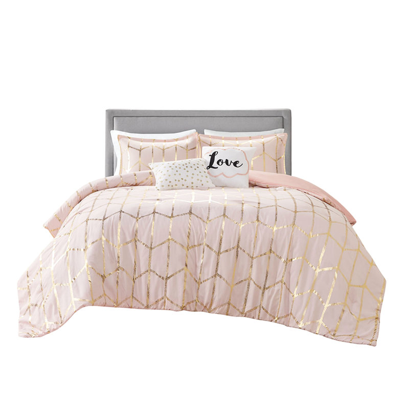 Édredon moderne rosé et métallique avec imprimé taie décorative brodée pour une chambre à coucher relaxante, Blush/Gold