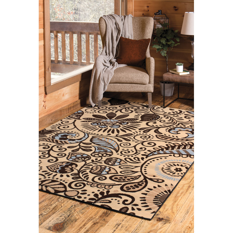 Tapis floral bleu / crème / brun Carlile, Rectangle 7 pi 10 po x 10 pi 6 po