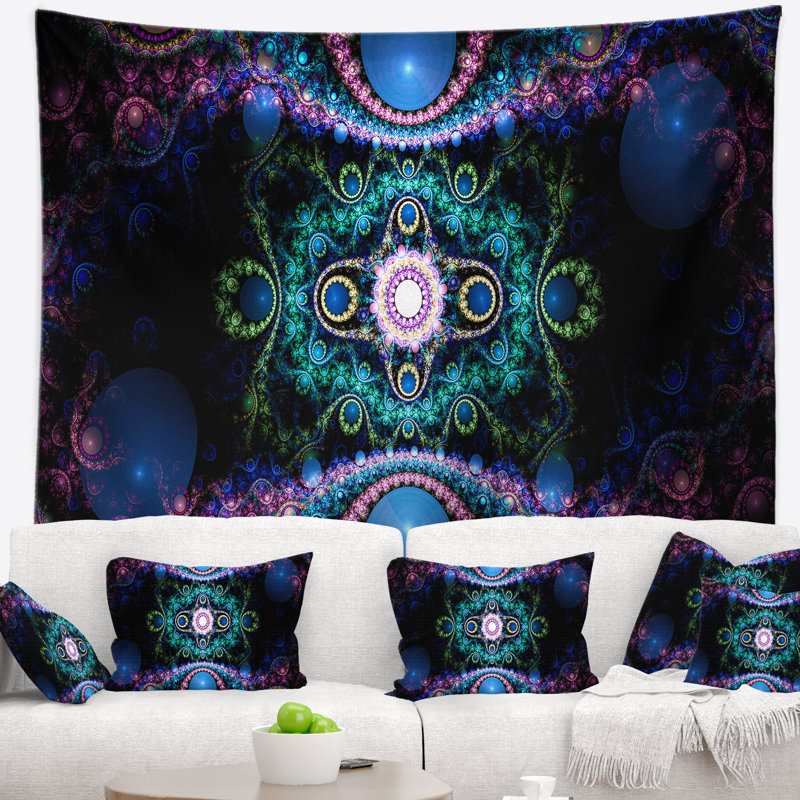 Tapisserie abstraite à motif fractal bleu cabalistique, H 68 po x l 80 po