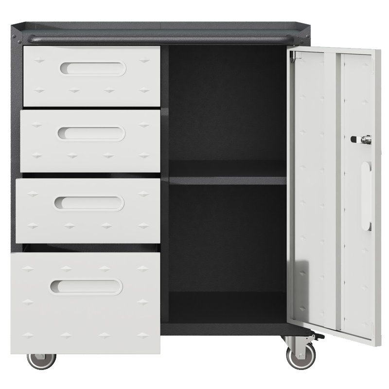 Armoire à outils de garage en métal - Bureau, maison, organisateur. 360 roues verrouillables, plateau surélevé. 4 tiroirs latéraux, rangement. Garage noir / gris avec roulettes, maison. Dessus, zone. .