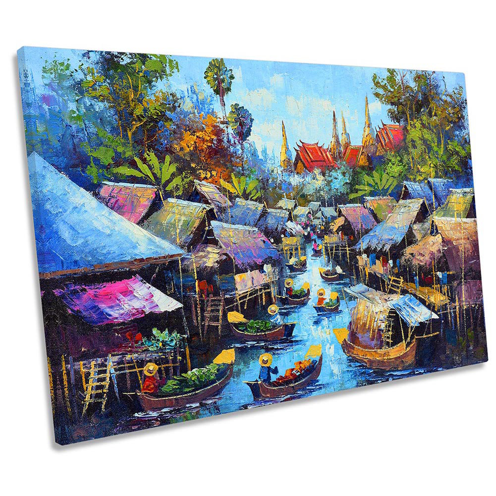 Z6084 Thailand River Village Landscape - Wrapped Canvas Print