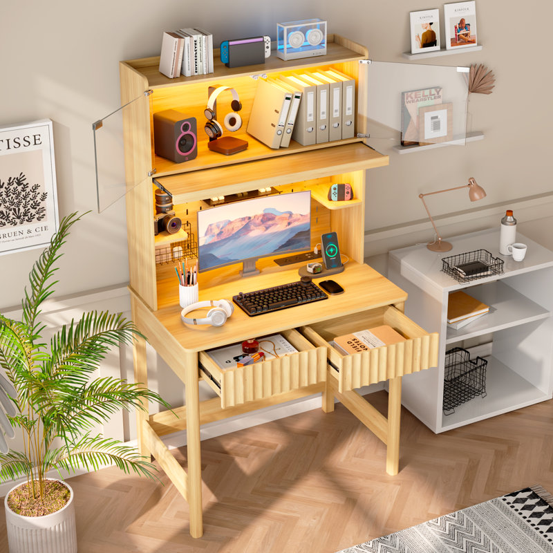 Computer Desk With Charging Station And Adjustable Led Lighting, Featuring Perforated Back Panel Design, Oak