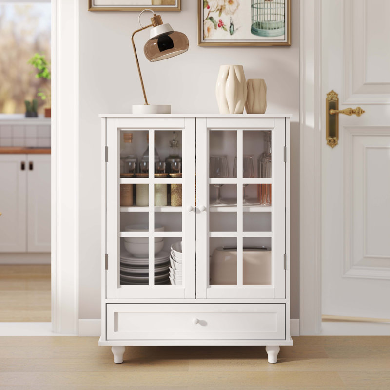 Minimalist White Buffet Cabinet With Double Glass Doors And Drawer, White