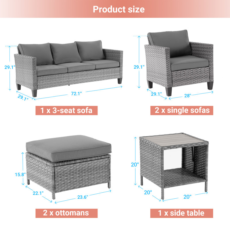 Jonson Wicker 5 - Person Patio Conversation Set with Cushions, Gray, Gray