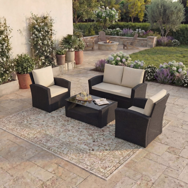 Custinne Rattan 5 - Person Seating Group with Cushions, UKFR Certified, Black