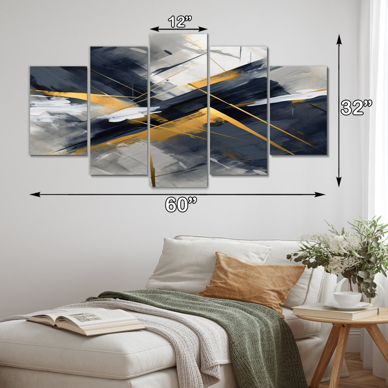 Grey and Gold Transcendent Impressions III - Décoration murale formes abstraites - 5 panneaux