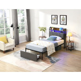Bed Frame, Storage Headboard With Charging Station, Solid And Stable, Noise Free, No Box Spring Needed, Easy Assembly