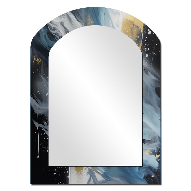 Blue And White Transcendent Brushstrokes II - Abstract Painting Asymmetrical Decorative Mirror, Blue Arch Wall Mirror, Printed Metal Art