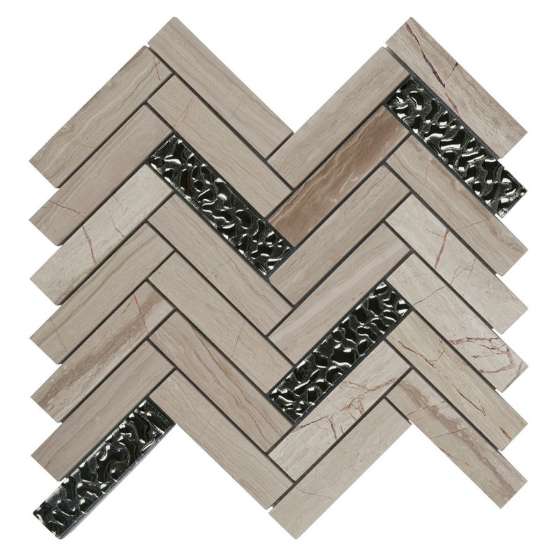 1" x 4" Straight Edge Natural Stone Herringbone Mosaic Tile, White Oak Marble/Silver