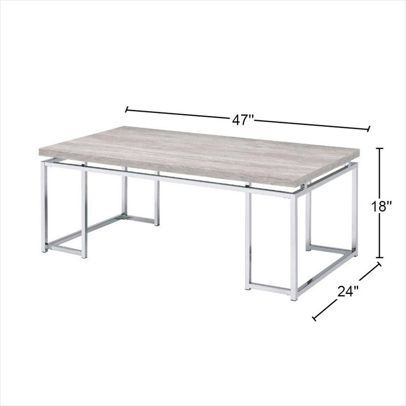 Table basse avec plateau en placage de chêne naturel et base argentée, centre de table rectangulaire